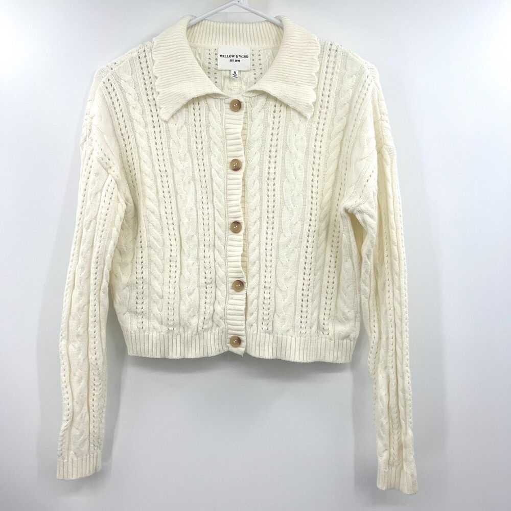 Willow & Wind Cream Cable Knit Cardigan Sweater Collared Button Front Womens S